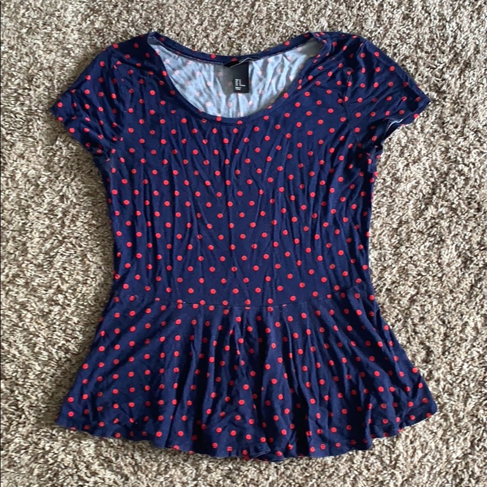 Polka dot flare at waist shirt